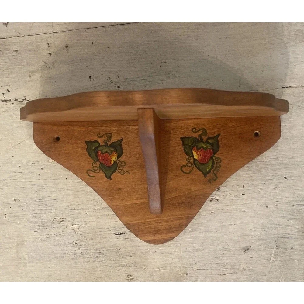 Handmade Wood Wall Shelf w/ Painted Red Strawberries 10” Country Cottage Core